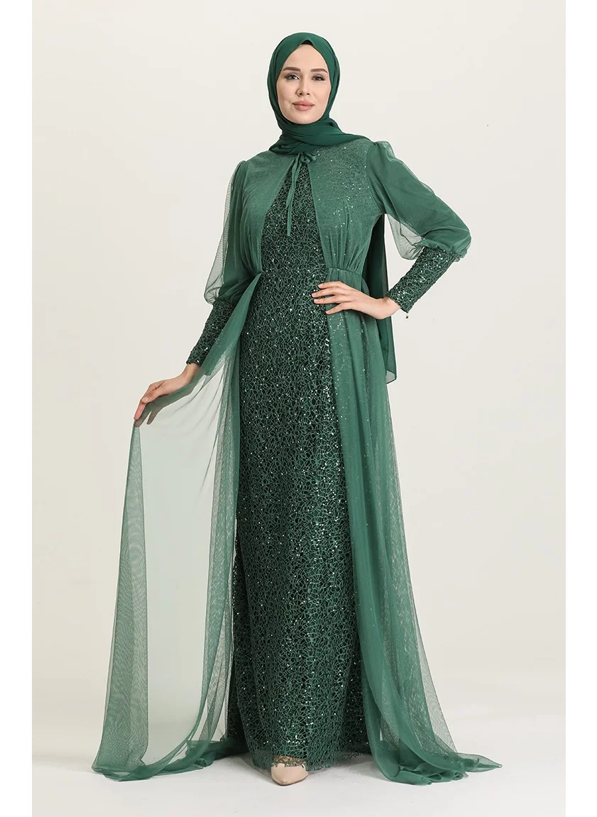 Sefa Merve Sequined Evening Dress 5346-13 Green