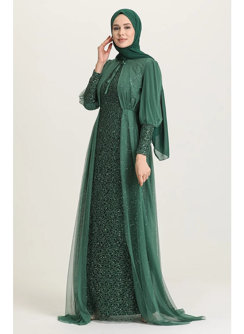 Sefa Merve Sequined Evening Dress 5346-13 Green