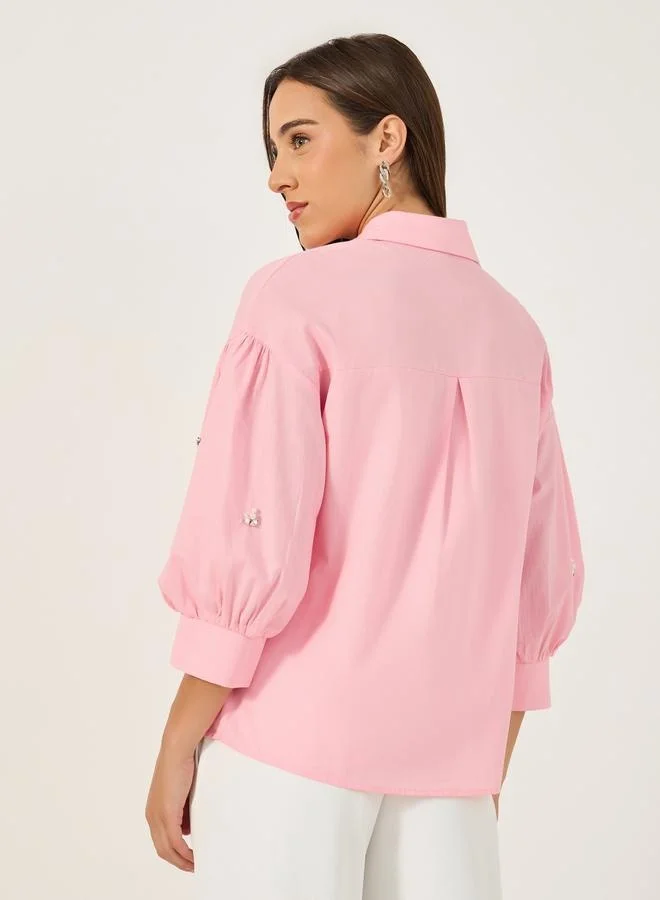 Styli Embellished Spread Collar Balloon Sleeve Shirt