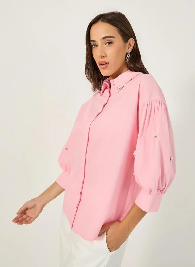 Styli Embellished Spread Collar Balloon Sleeve Shirt