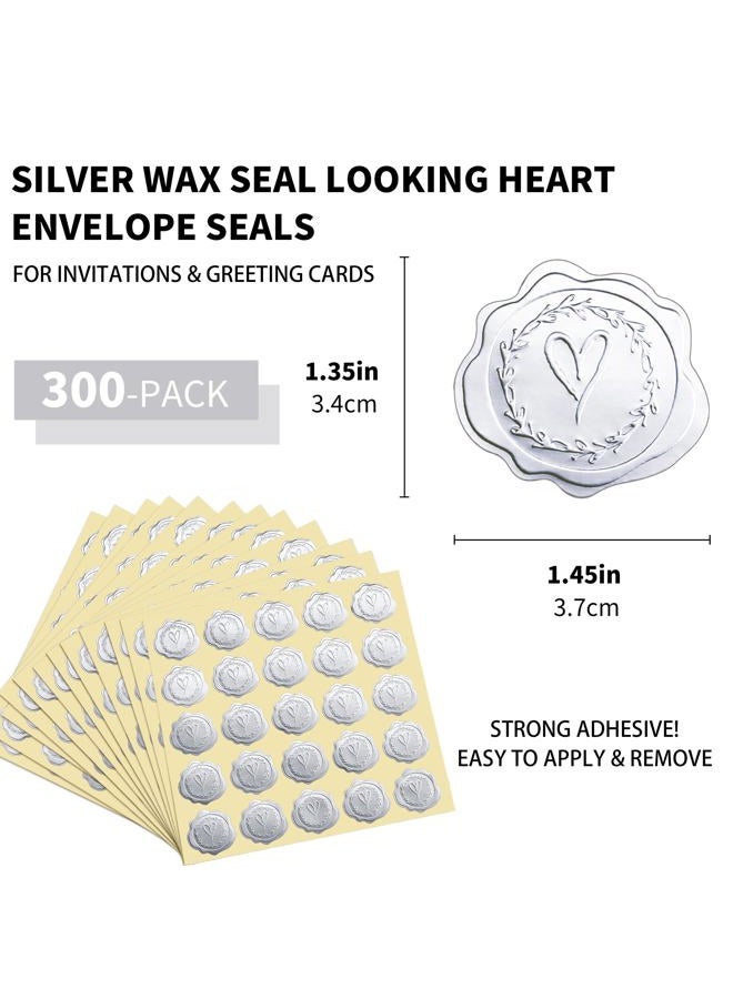 DreamBuilt 300pcs Silver Embossed Wax Seal Looking Heart Envelope Seals for Wedding Invitations/Greeting Cards/Party Favors, Self-Adhesive - Image 3