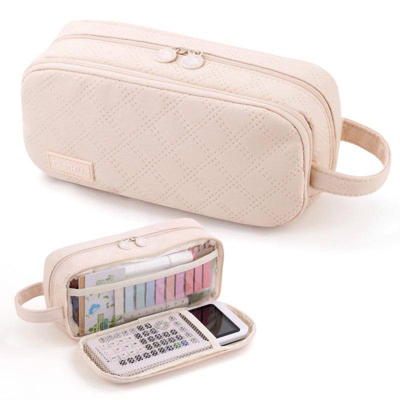 EASTHILL Large Capacity Pencil Case Cute Pencil Pouch with Handle Stationery Pen Bag for Teen Girls-Cream - Image 1