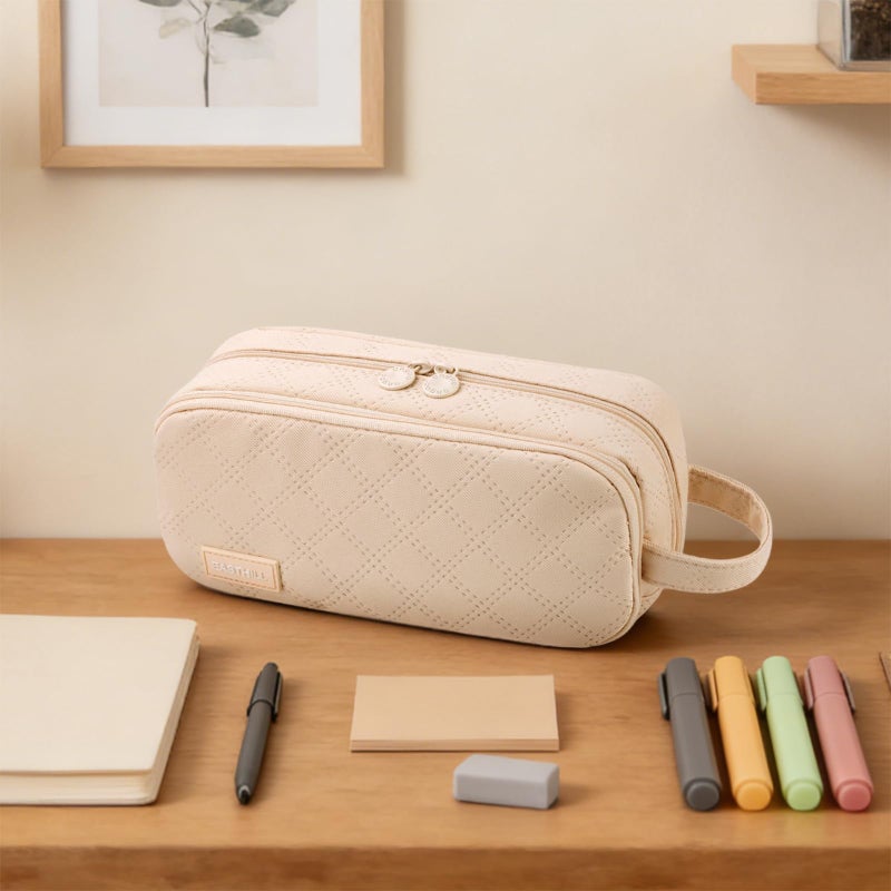 EASTHILL Large Capacity Pencil Case Cute Pencil Pouch with Handle Stationery Pen Bag for Teen Girls-Cream - Image 5