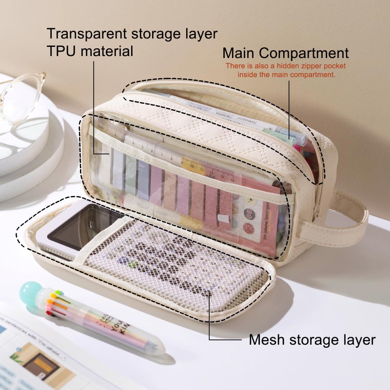 EASTHILL Large Capacity Pencil Case Cute Pencil Pouch with Handle Stationery Pen Bag for Teen Girls-Cream - Image 2
