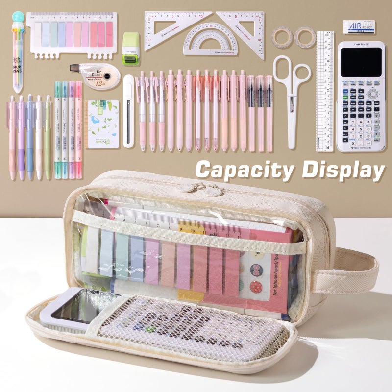 EASTHILL Large Capacity Pencil Case Cute Pencil Pouch with Handle Stationery Pen Bag for Teen Girls-Cream - Image 4