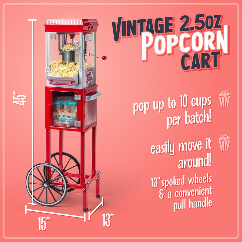 Nostalgia Popcorn Maker Machine - Professional Cart With 2.5 Oz Kettle Makes Up to 10 Cups - Vintage Popcorn Machine Movie Theater Style - Red & White - Image 2