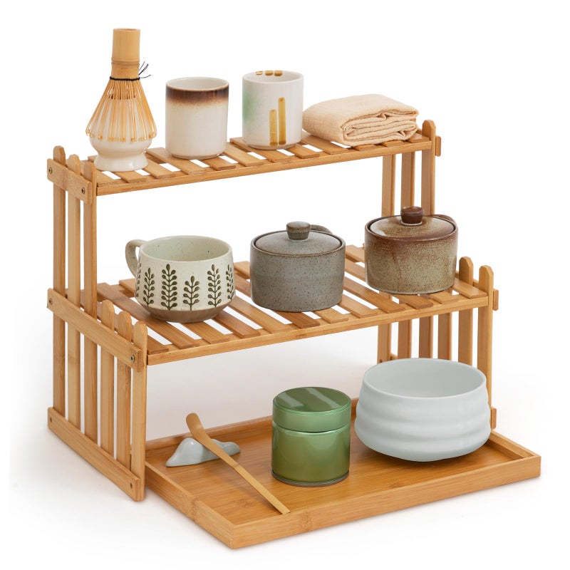 Kathfly 14.6 2-Tier Matcha Station Shelf Stand with 13 Bamboo Matcha Tea Serving Tray Coffee Station Organizer Coffee Bar Storage Rack Mug Holder Countertop for Tea Desktop Flower Pot Cup Display - Image 1