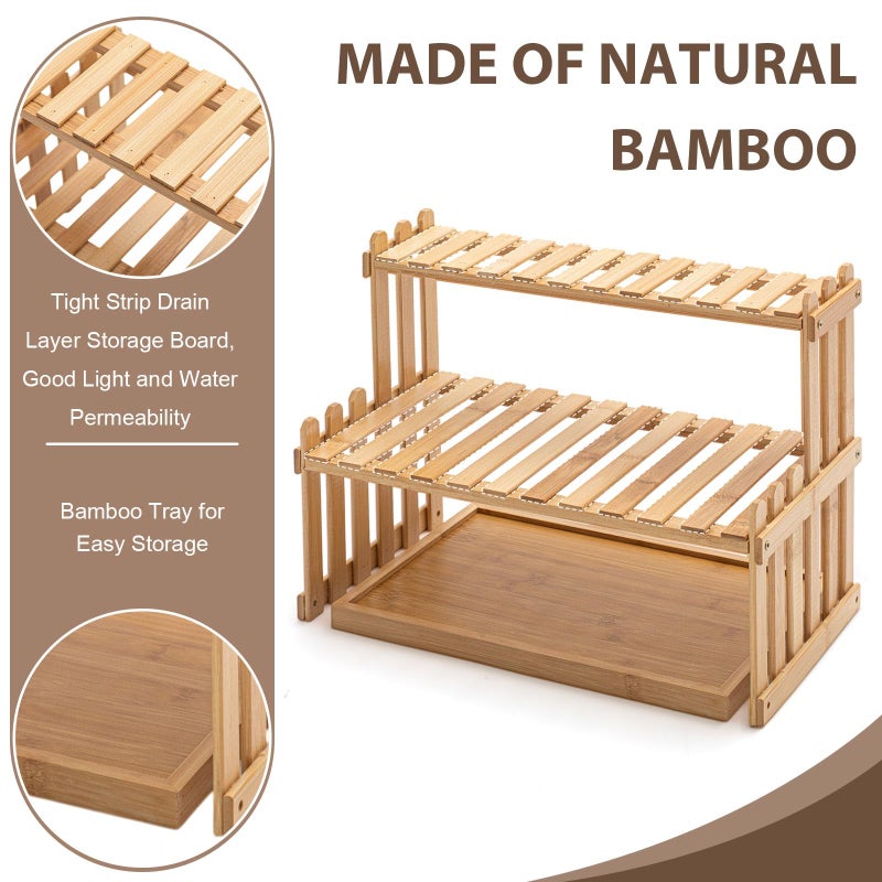 Kathfly 14.6 2-Tier Matcha Station Shelf Stand with 13 Bamboo Matcha Tea Serving Tray Coffee Station Organizer Coffee Bar Storage Rack Mug Holder Countertop for Tea Desktop Flower Pot Cup Display - Image 2