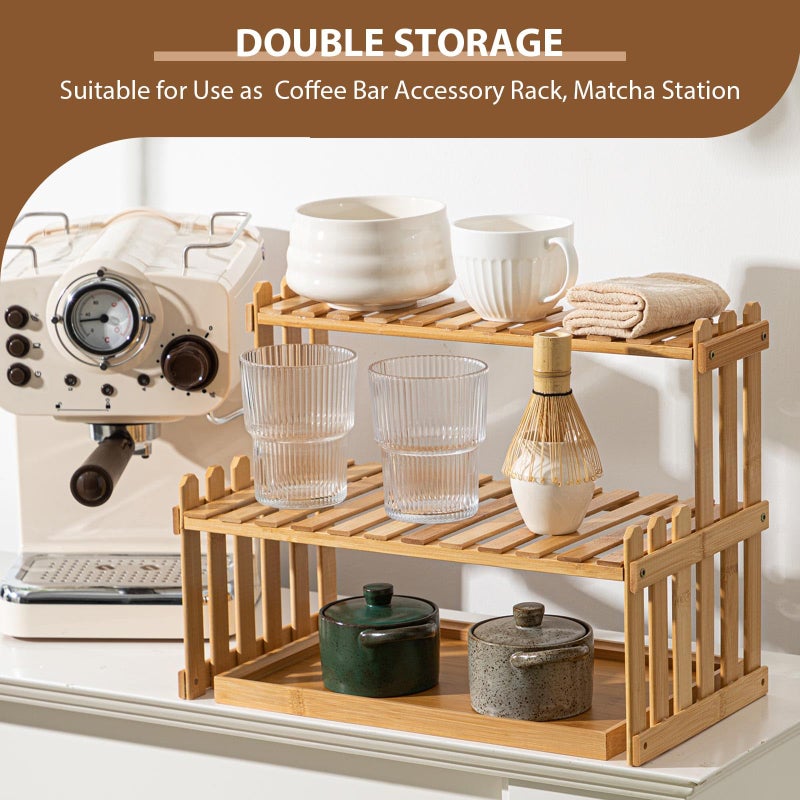 Kathfly 14.6 2-Tier Matcha Station Shelf Stand with 13 Bamboo Matcha Tea Serving Tray Coffee Station Organizer Coffee Bar Storage Rack Mug Holder Countertop for Tea Desktop Flower Pot Cup Display - Image 4