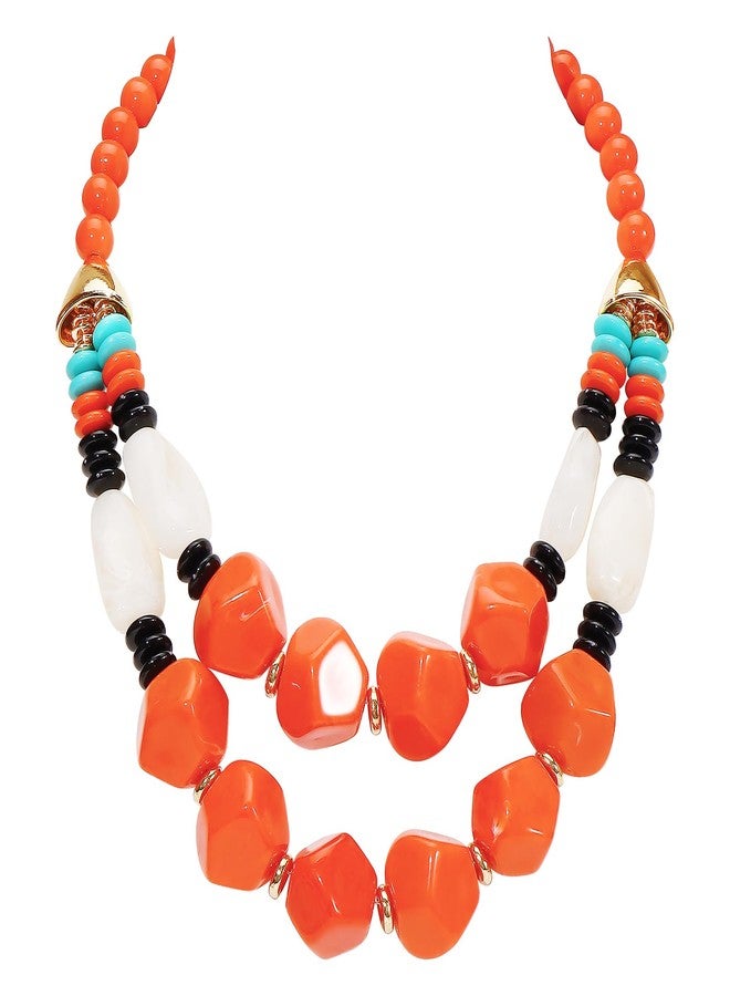 بوكار قلادة بوكار ذات طبقتين بتصميم خرز سميك، متعددة الخيوط، قلادة عصرية للنساء، هدية (NK-10791-برتقالي صدئ) - Image 1