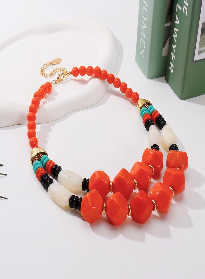 بوكار قلادة بوكار ذات طبقتين بتصميم خرز سميك، متعددة الخيوط، قلادة عصرية للنساء، هدية (NK-10791-برتقالي صدئ) - Image 5