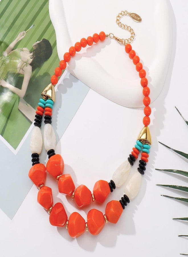 بوكار قلادة بوكار ذات طبقتين بتصميم خرز سميك، متعددة الخيوط، قلادة عصرية للنساء، هدية (NK-10791-برتقالي صدئ) - Image 4