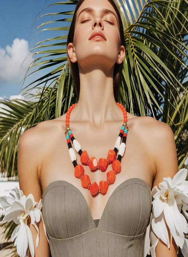 بوكار قلادة بوكار ذات طبقتين بتصميم خرز سميك، متعددة الخيوط، قلادة عصرية للنساء، هدية (NK-10791-برتقالي صدئ) - Image 3