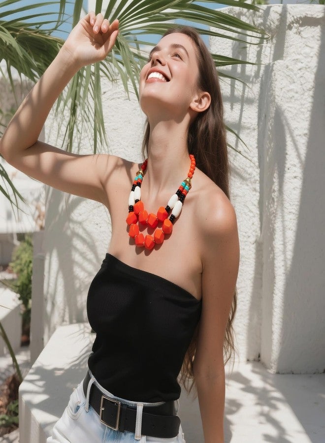 بوكار قلادة بوكار ذات طبقتين بتصميم خرز سميك، متعددة الخيوط، قلادة عصرية للنساء، هدية (NK-10791-برتقالي صدئ) - Image 2