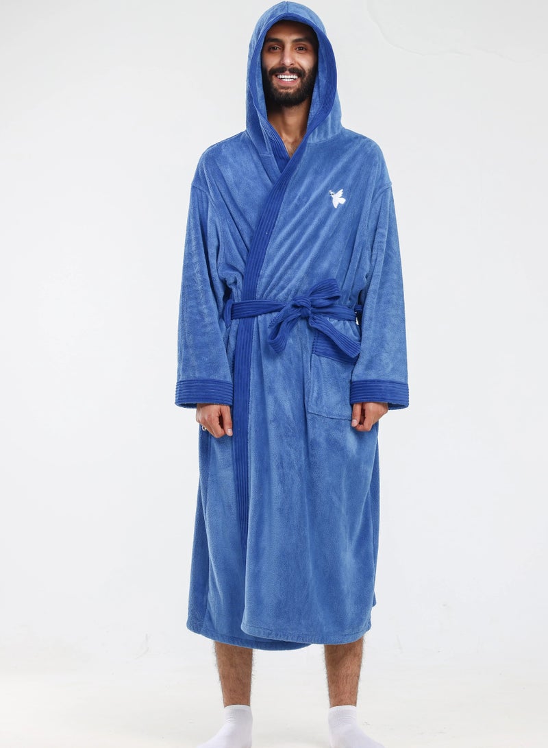 Relef Hooded Bathrobe for Men & Women, Ultra Soft Coral Fleece Robe, Quick Dry Absorbent Spa Bathrobe, Hotel Luxury Home Robe with Hood - Dark Blue - Image 1