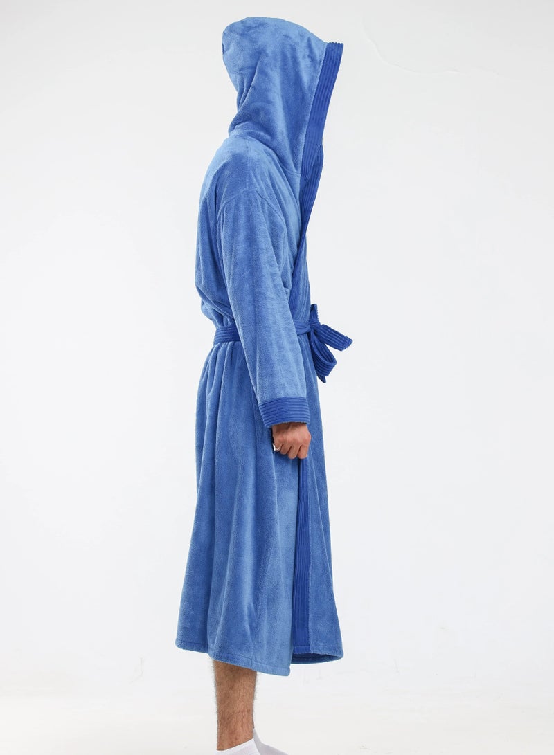 Relef Hooded Bathrobe for Men & Women, Ultra Soft Coral Fleece Robe, Quick Dry Absorbent Spa Bathrobe, Hotel Luxury Home Robe with Hood - Dark Blue - Image 2