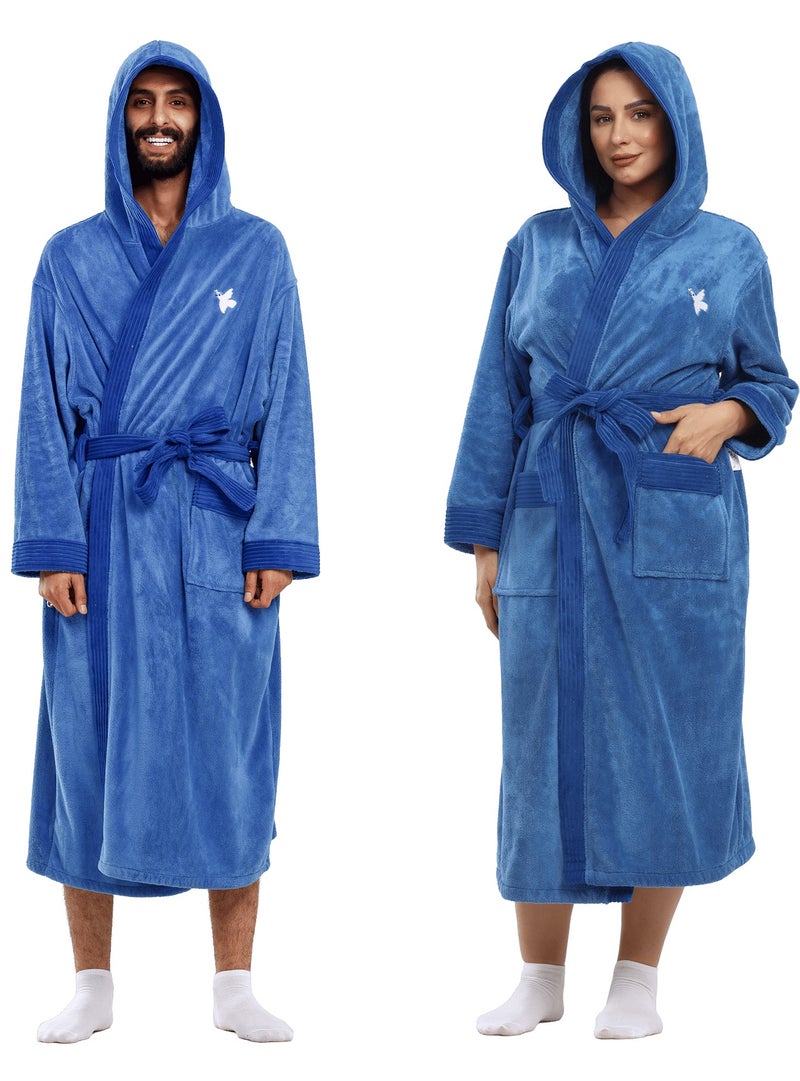 Relef Hooded Bathrobe for Men & Women, Ultra Soft Coral Fleece Robe, Quick Dry Absorbent Spa Bathrobe, Hotel Luxury Home Robe with Hood - Dark Blue - Image 3