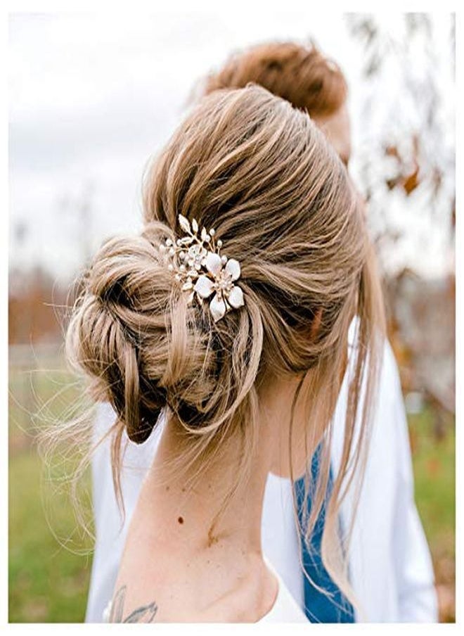 SWEETV Gold Bridal Hair Clip,Floral Bridal Hair Comb Barrette Flower Hair Pieces For Brides Wedding  - Image 1