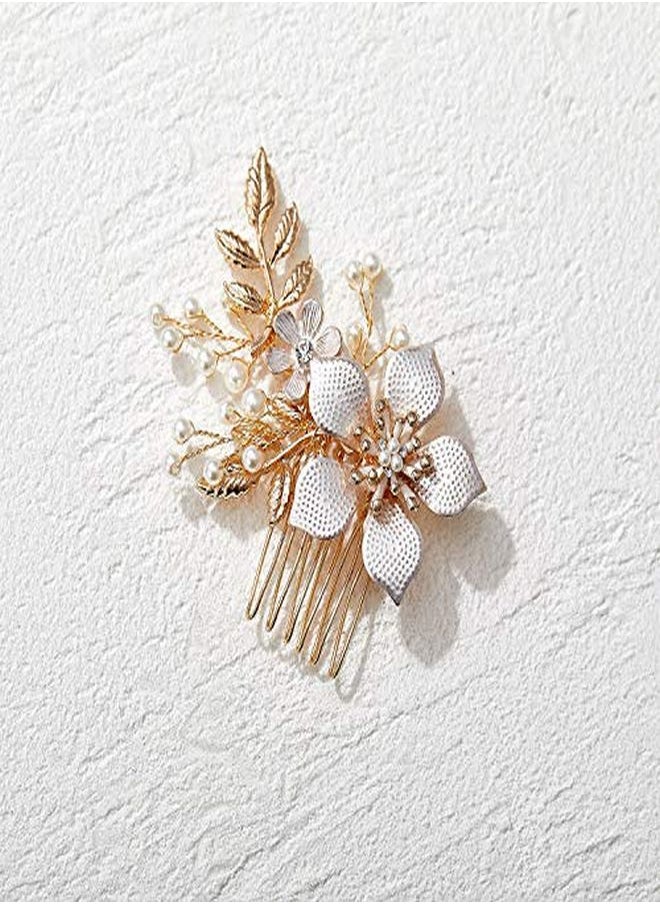 SWEETV Gold Bridal Hair Clip,Floral Bridal Hair Comb Barrette Flower Hair Pieces For Brides Wedding  - Image 4