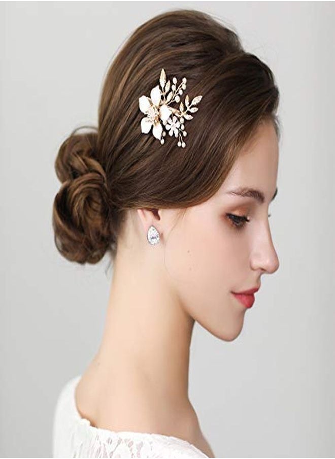SWEETV Gold Bridal Hair Clip,Floral Bridal Hair Comb Barrette Flower Hair Pieces For Brides Wedding  - Image 2