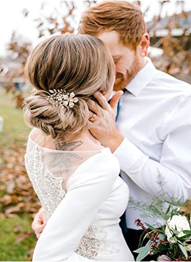 SWEETV Gold Bridal Hair Clip,Floral Bridal Hair Comb Barrette Flower Hair Pieces For Brides Wedding  - Image 3