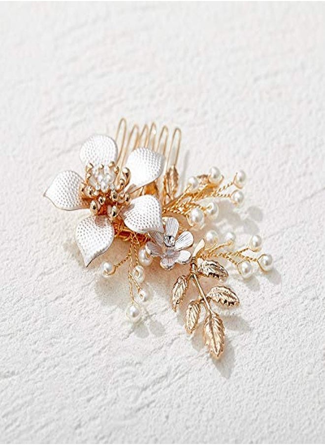 SWEETV Gold Bridal Hair Clip,Floral Bridal Hair Comb Barrette Flower Hair Pieces For Brides Wedding  - Image 5