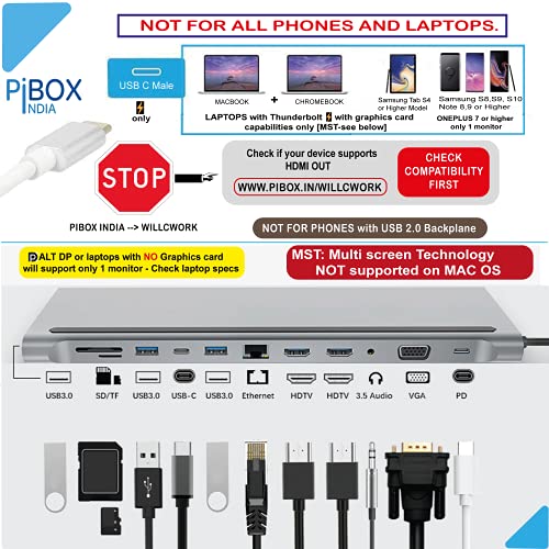 pibox India USB C to 12 in 1 HUB Dock MST, Aluminium Type C Station 2* HDMI Port, 1* VGA, RJ45, 3 USB 3.0 Ports, 1 3.5mm Audio, USB-C Power Delivery, TF/SD Slot and USB C Data Port - for Laptops/MAC - Image 2