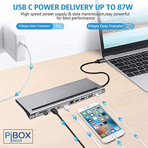 pibox India USB C to 12 in 1 HUB Dock MST, Aluminium Type C Station 2* HDMI Port, 1* VGA, RJ45, 3 USB 3.0 Ports, 1 3.5mm Audio, USB-C Power Delivery, TF/SD Slot and USB C Data Port - for Laptops/MAC - Image 5