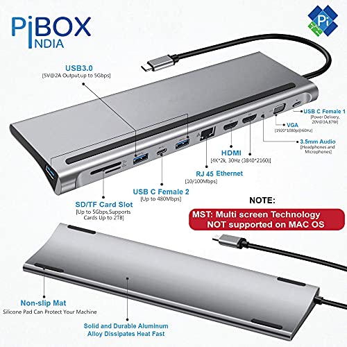 pibox India USB C to 12 in 1 HUB Dock MST, Aluminium Type C Station 2* HDMI Port, 1* VGA, RJ45, 3 USB 3.0 Ports, 1 3.5mm Audio, USB-C Power Delivery, TF/SD Slot and USB C Data Port - for Laptops/MAC - Image 4