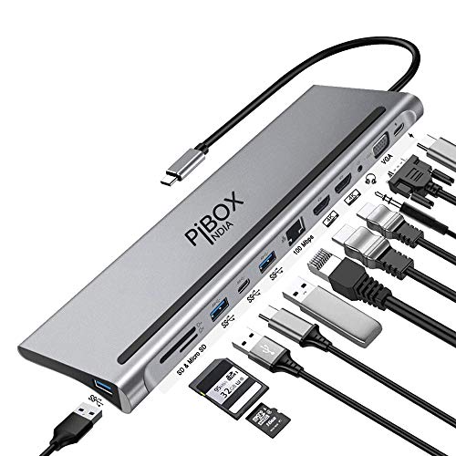 pibox India USB C to 12 in 1 HUB Dock MST, Aluminium Type C Station 2* HDMI Port, 1* VGA, RJ45, 3 USB 3.0 Ports, 1 3.5mm Audio, USB-C Power Delivery, TF/SD Slot and USB C Data Port - for Laptops/MAC - Image 1