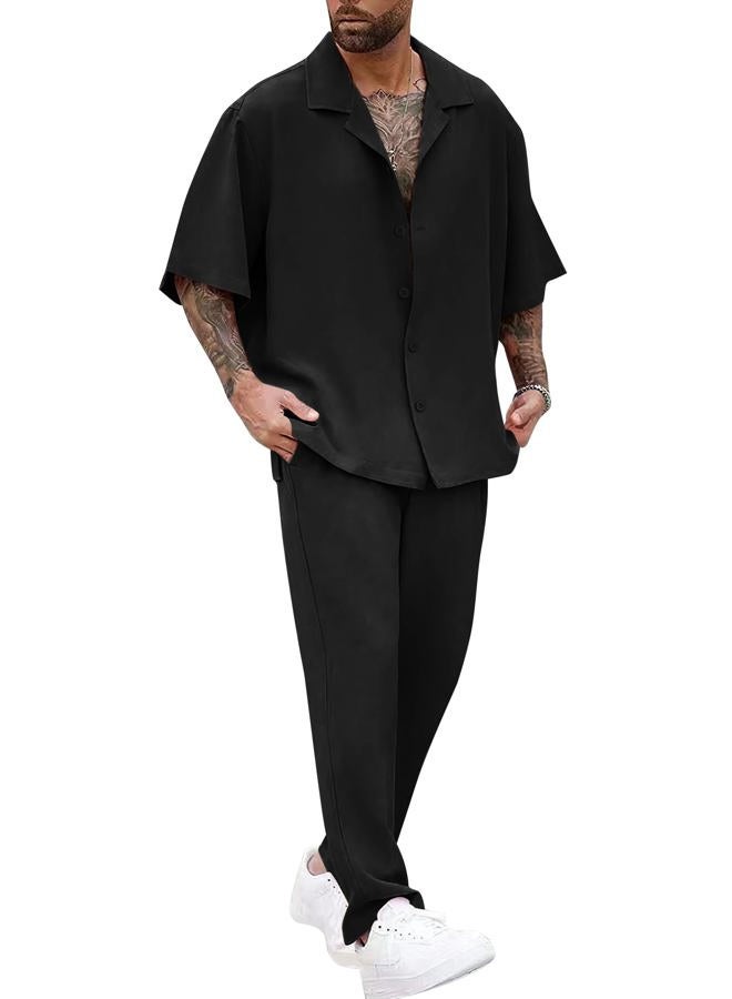 LecGee Men Summer Casual Short Sleeve Pant Sets Solid Button Down Shirt Elastic Pants 2 Piece Outfits Beach Tracksuit, Black, XL - Image 1