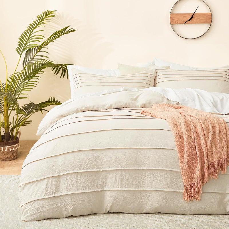 DJY Beige Duvet Cover King Size Boho Pleated King Quilt Set 3PCS Soft and Breathable Textured Bedding Set with Zipper Closure Beige 230x220cm