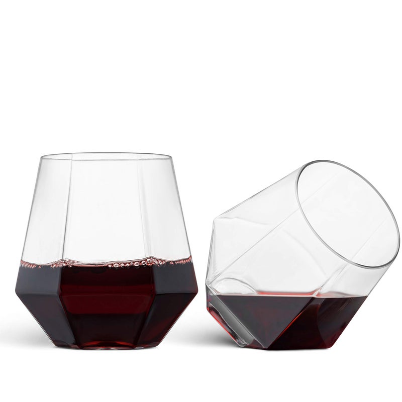 Munfix Plastic Stemless Wine Glasses 32 Pack  Diamond Shaped Unbreakable Disposable 12 Oz Clear Plastic Wine Champagne Whiskey Cups Shatterproof Recyclable and BPAFree