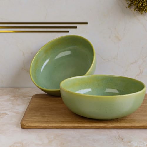 The Earth Store Olive Green Ceramic Serving Bowl | Ideal for Serving Soup, Salad, Snacks, Pasta, Noodle | Bowl for Serving | Dishwasher Safe Bowl | Set of 2, 600 ML - Image 1