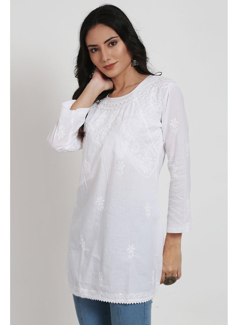 Alaya Hand Embroidered Chikankari Cotton A-Line Sustainable Tunics-AL920 - Image 1