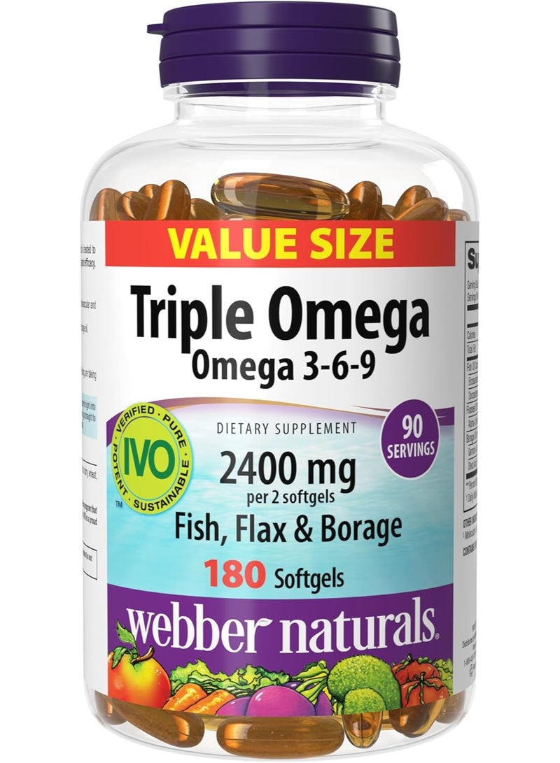Webber Naturals Triple Omega 3-6-9, 2400 mg Fish Oil Per Serving, High Potency, 180 Softgels, No Fishy Aftertaste, Ultra-Purified, for Heart, Brain and Cardiovascular Health, Shellfish-Free - Image 1