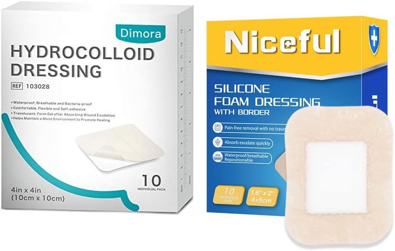 Dimora Niceful 10 Packs Silicone Foam Dressing 16x2 in 10 Packs Hydrocolloid Dressing 4x4 in High Absorbent Bed Sore Bandages Faster Healing - Image 1