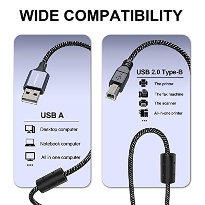 كابل الطابعة eter USB من النوع A إلى النوع B سلك طابعة USB متين كابل طابعة عالي السرعة لـ HP وCanon وDell وEpson وLexmark وXerox وBrother وSamsung والمزيد... - Image 2