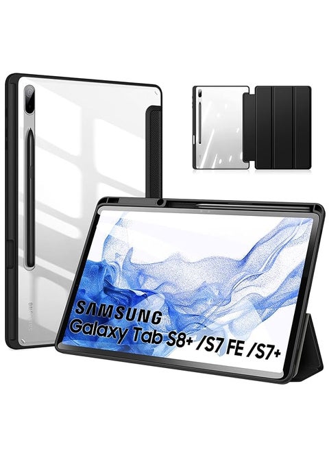 Case For Samsung Galaxy Tab S7 Fe 5G S8 Plus Plus Transparent Back Tablet Cover For 12.4 Inch Galaxy Tab S8 Plus 2022 S7 Fe 5G 2021 Tab S7 Plus 2020 With Pen Holder Black