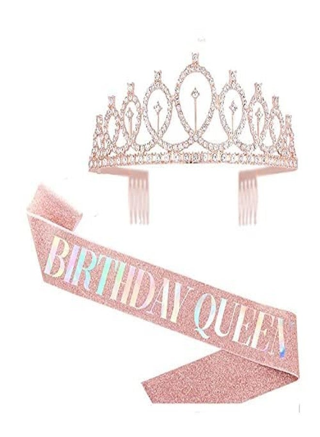 AISBUGUR Rose Gold Birthday Queen Tiara and Sash Set Rhinestone Crown and Glitter Sash Party Accessories for Women Girls Celebration Decoration Elegant Birthday Headpiece for Night Out Photoshoot Supplies - Image 1