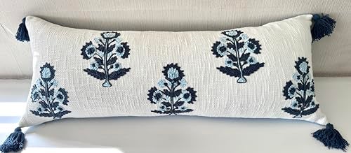 YugTex Hand Embroidered Russell Motif Decorative Lumbar Accent Throw Pillow Cover - Pillowcase for Living Room Sofa, Couch, Bedroom - Chair Cushion Cover - 14x36 Inches - Image 1