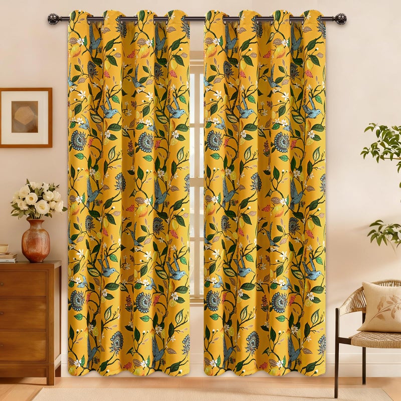 FRAMICS 100% Blackout Curtains for Bedroom Vintage Yellow Floral Curtains for Living Room 84 Inches Long, Luxury Patterned Curtain Lemon Hummingbird Grommet Thermal Insulated Drapes, 2 Panels - Image 2