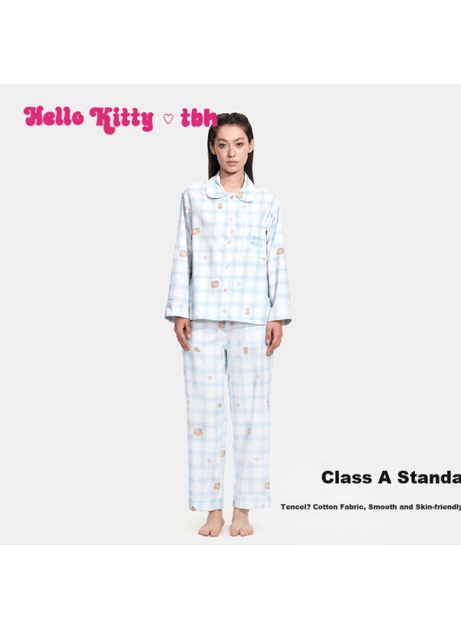 Tbh Sanrio o Kitty Tencel Cotton Loungewear Set Outerwear Pajamas Long Black Plaid M - Image 1