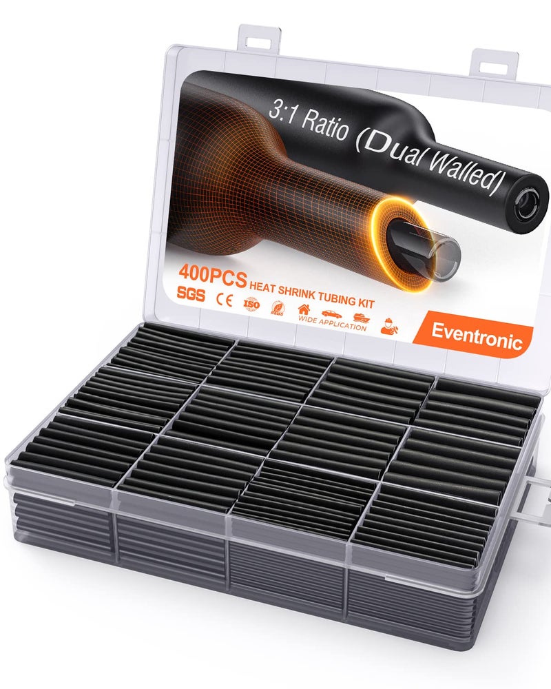 EVENTRONIC Eventronic 400-Piece Heat Shrink Tube Set, 3:1 Shrink Ratio with Adhesive and Double Wall, Total 40.5 m, Waterproof Heat Shrink Tube, Black  - Image 1