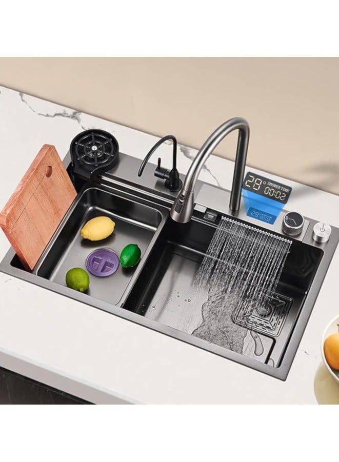 LIJIJUCN Black Kitchen Sink, Waterfall Single Bowl Sink with LED TEMP Display, Stainless Steel Smart Workstation Kitchen Sink with Pull Down Sprayhead Faucet & Accessories (31.5 x 17.7in) - Image 1