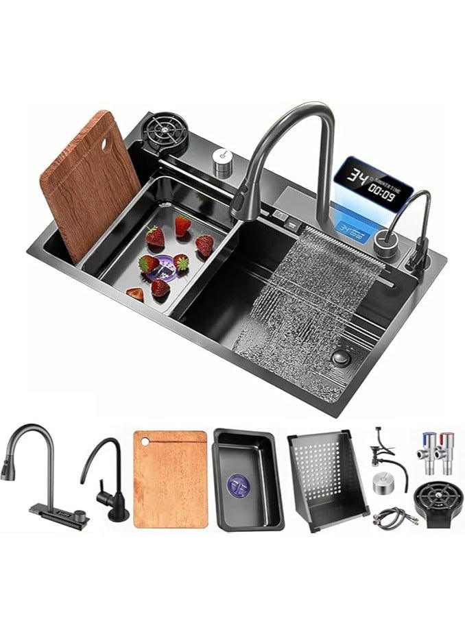 LIJIJUCN Black Kitchen Sink, Waterfall Single Bowl Sink with LED TEMP Display, Stainless Steel Smart Workstation Kitchen Sink with Pull Down Sprayhead Faucet & Accessories (31.5 x 17.7in) - Image 2
