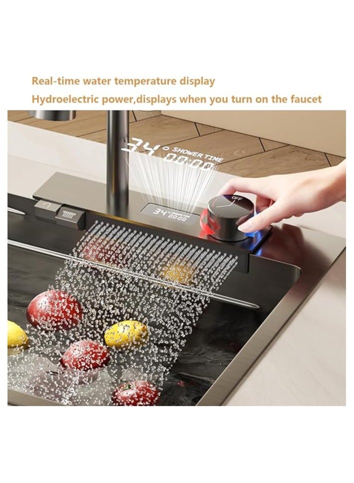 LIJIJUCN Black Kitchen Sink, Waterfall Single Bowl Sink with LED TEMP Display, Stainless Steel Smart Workstation Kitchen Sink with Pull Down Sprayhead Faucet & Accessories (31.5 x 17.7in) - Image 3