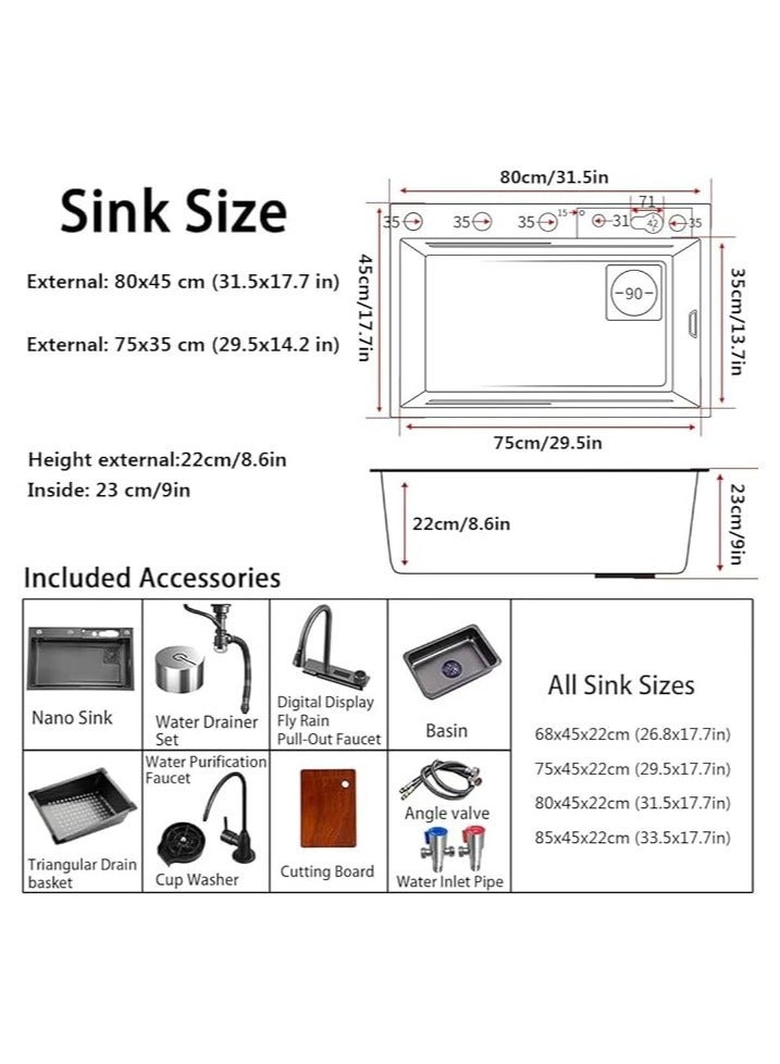 LIJIJUCN Black Kitchen Sink, Waterfall Single Bowl Sink with LED TEMP Display, Stainless Steel Smart Workstation Kitchen Sink with Pull Down Sprayhead Faucet & Accessories (31.5 x 17.7in) - Image 5