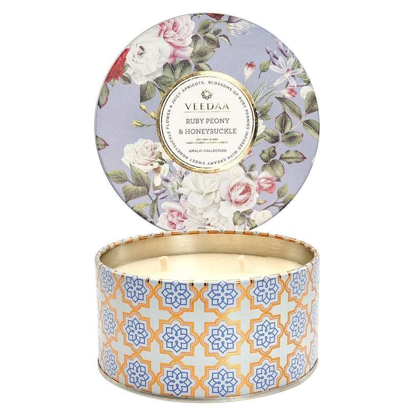VEEDAA Ruby Peony Honeysuckle 3 Wick Tin Soy Wax Scented Candle Burns 40 Hours - Image 1