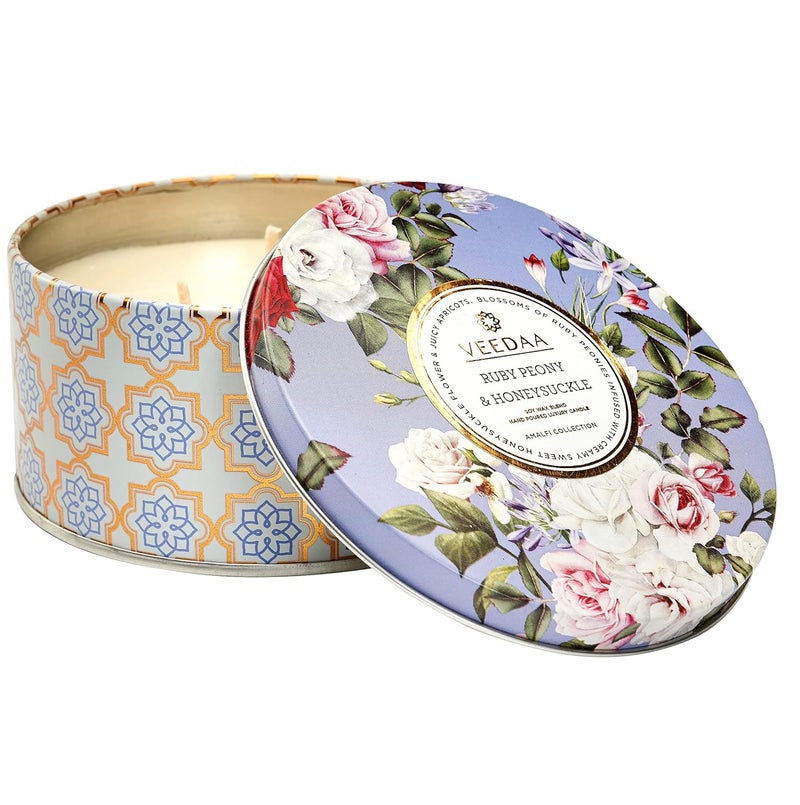 VEEDAA Ruby Peony Honeysuckle 3 Wick Tin Soy Wax Scented Candle Burns 40 Hours - Image 2
